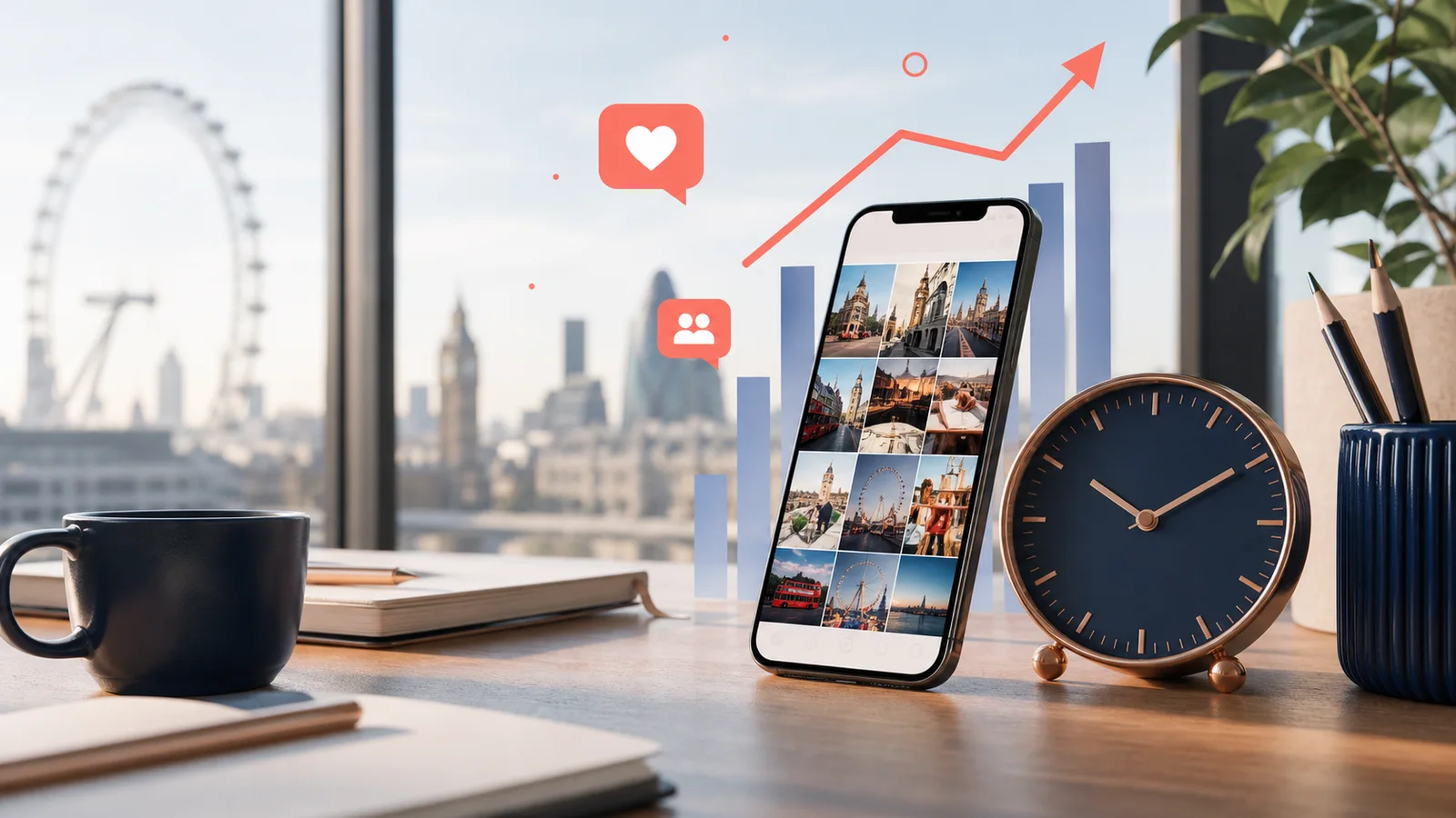 Best time to post on Instagram in the UK shown by a smartphone, clock and engagement graph in a London studio