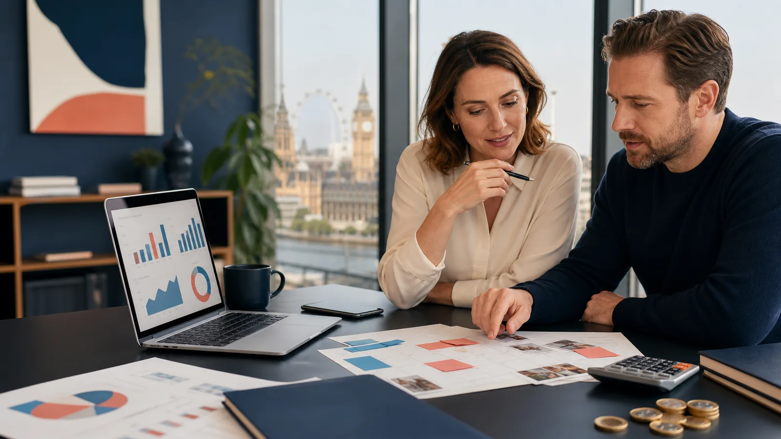 UK business owner and social media strategist reviewing marketing costs, content plans and performance charts