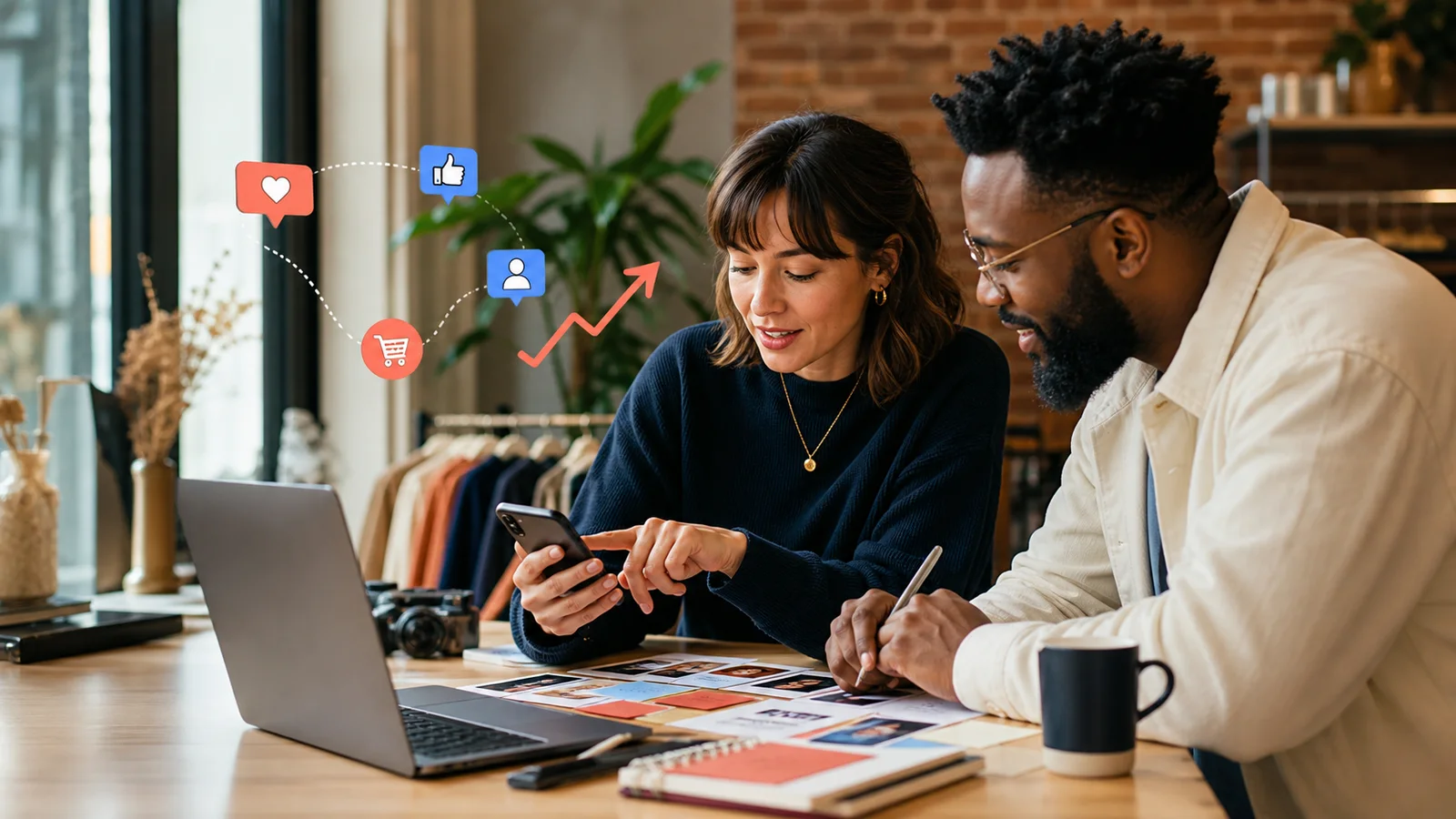 Small business owner and social media strategist planning content and customer growth in a UK studio
