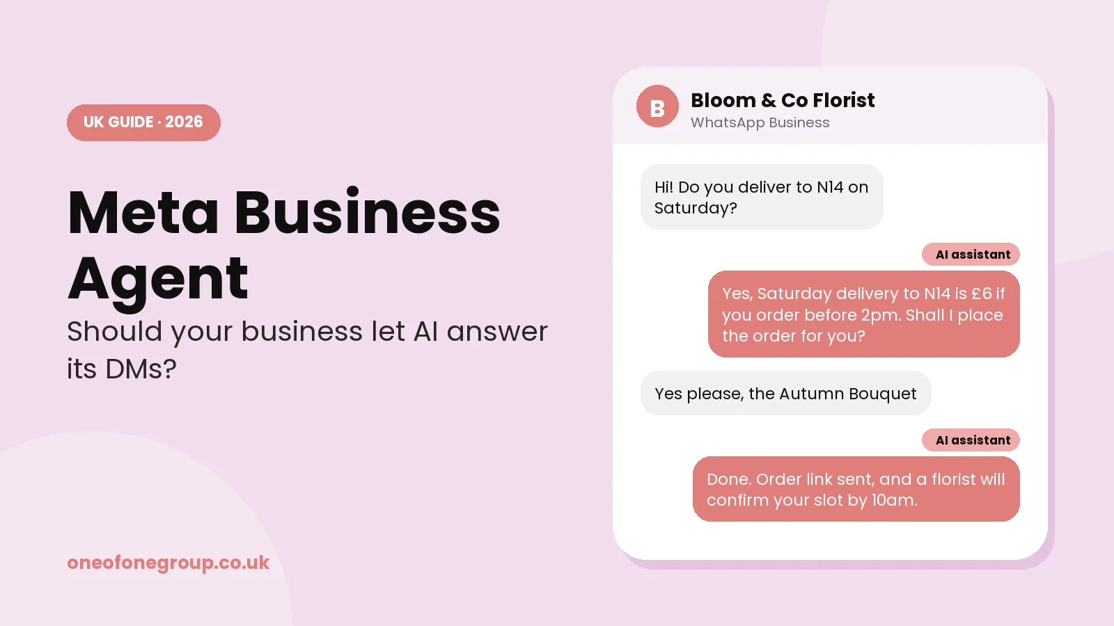 Illustration of Meta Business Agent replying to a customer's WhatsApp message on behalf of a UK small business